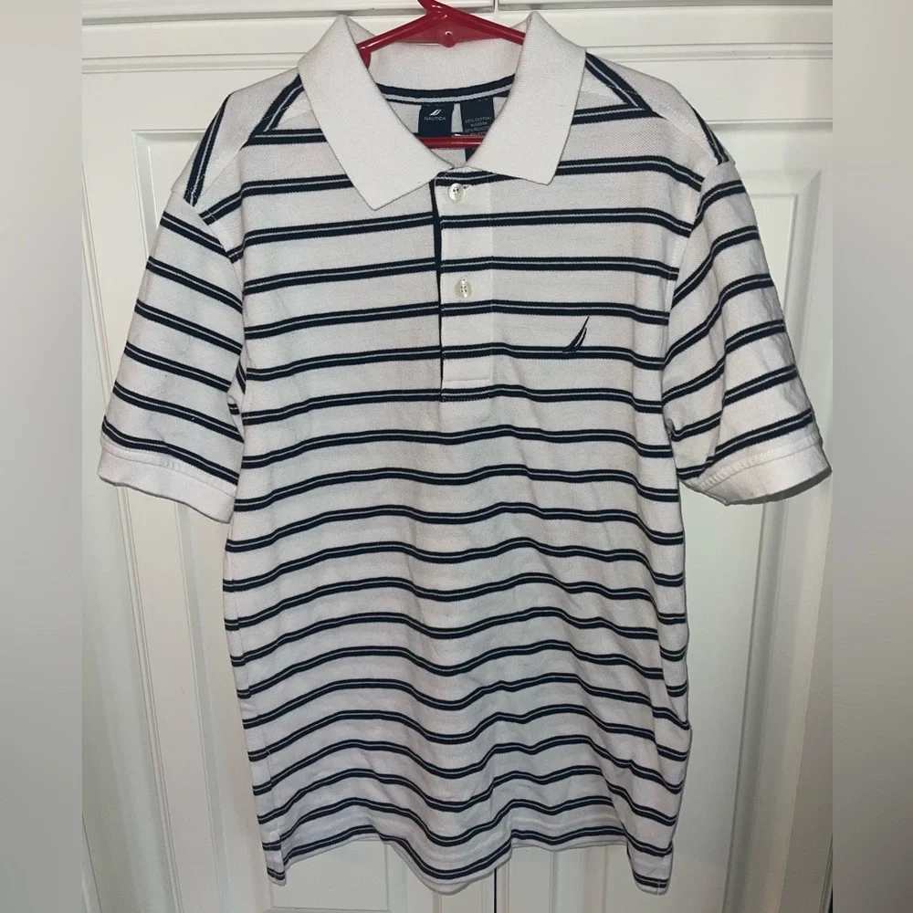 Nautica Polo‎ Shirt White Navy Stripes Boys M 10/12